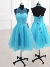  Baby Blue Lace Up Prom Dresses Ruffles Sleeveless Knee Length