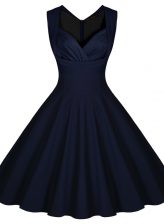Deluxe Sleeveless Knee Length Ruching Zipper Prom Evening Gown with Navy Blue