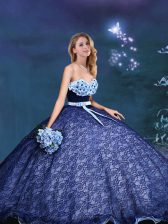 Fantastic Royal Blue Lace Lace Up Sweetheart Sleeveless 15th Birthday Dress Appliques and Bowknot