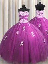 Fuchsia Lace Up Sweetheart Beading and Appliques Quinceanera Dress Tulle Sleeveless