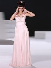  Baby Pink Column/Sheath Chiffon V-neck Sleeveless Beading Floor Length Zipper Prom Party Dress