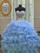Deluxe Blue Lace Up Sweetheart Beading and Ruffles Sweet 16 Quinceanera Dress Organza Sleeveless