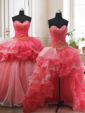  Three Piece Ruffled White and Coral Red Sleeveless Organza Brush Train Lace Up Quince Ball Gowns for Military Ball and Sweet 16 and Quinceanera