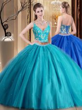  Two Pieces Quinceanera Gown Teal Spaghetti Straps Tulle Sleeveless Floor Length Lace Up