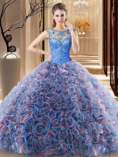 Modest Scoop Multi-color Sleeveless Fabric With Rolling Flowers Brush Train Lace Up Quinceanera Dress for Military Ball and Sweet 16 and Quinceanera