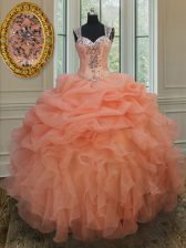 Fantastic Straps Floor Length Zipper Quinceanera Dress Orange for Military Ball and Sweet 16 and Quinceanera with Beading and Ruffles and Pick Ups