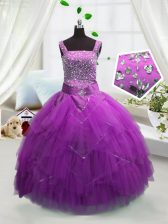 Custom Design Fuchsia Tulle Lace Up Teens Party Dress Sleeveless Floor Length Beading and Ruffles