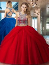 Fine Scoop Sleeveless Floor Length Beading and Pick Ups Criss Cross Quinceanera Gowns with Red