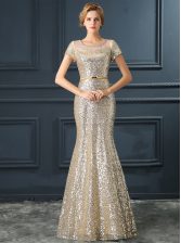Beautiful Mermaid Scoop Sequins and Belt Prom Evening Gown Silver Zipper Short Sleeves Floor Length