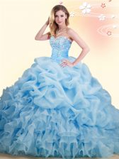 Artistic Baby Blue Sleeveless With Train Beading and Ruffles and Pick Ups Lace Up Ball Gown Prom Dress