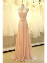 Noble Peach Scoop Neckline Lace and Belt Prom Evening Gown Sleeveless Zipper