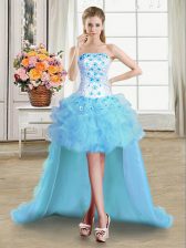  Light Blue Strapless Neckline Beading and Appliques and Ruffles Sleeveless Lace Up