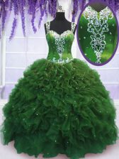 Unique Green Zipper Straps Beading and Ruffles Sweet 16 Dress Tulle Sleeveless