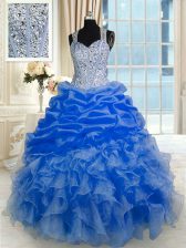 Custom Made Royal Blue Ball Gowns Organza Straps Sleeveless Beading and Ruffles and Pick Ups Floor Length Zipper Sweet 16 Dresses