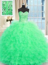  Sleeveless Floor Length Beading and Ruffles Lace Up Quince Ball Gowns with Apple Green