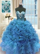 Glittering Organza Sweetheart Sleeveless Lace Up Beading and Ruffles 15th Birthday Dress in Blue