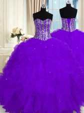  Eggplant Purple Ball Gowns Sweetheart Sleeveless Organza Floor Length Lace Up Beading and Ruffles Sweet 16 Dress