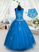 Affordable Halter Top Sleeveless Tulle Floor Length Lace Up Little Girls Pageant Gowns in Aqua Blue with Appliques