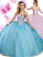 Glamorous Aqua Blue Tulle Lace Up Sweetheart Sleeveless Floor Length Quinceanera Dress Beading