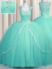  Aqua Blue Quinceanera Dress Military Ball and Sweet 16 and Quinceanera with Beading and Appliques Sweetheart Cap Sleeves Brush Train Zipper