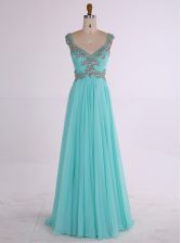 Top Selling A-line Evening Dress Aqua Blue V-neck Chiffon Sleeveless Floor Length Zipper