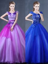 Enchanting Purple Ball Gowns V-neck Short Sleeves Organza Floor Length Lace Up Lace and Appliques Vestidos de Quinceanera