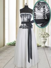 Low Price White And Black Homecoming Dress Prom and Party with Lace and Bowknot Strapless Sleeveless Zipper