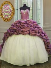 Discount White And Purple Sweet 16 Dresses Organza and Taffeta Sweep Train Sleeveless Beading and Appliques and Pick Ups