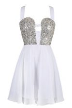 Exceptional Sequins White Sleeveless Chiffon Criss Cross Prom Gown for Prom and Party