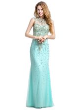 Elegant Sleeveless Tulle With Brush Train Zipper Prom Evening Gown in Turquoise with Beading