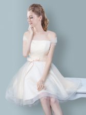 Fabulous Empire Quinceanera Dama Dress Champagne Off The Shoulder Tulle Sleeveless Knee Length Zipper