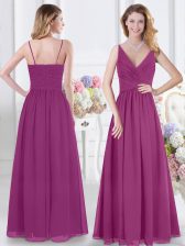  Fuchsia Quinceanera Court Dresses Prom and Party and Wedding Party with Ruching V-neck Sleeveless Zipper