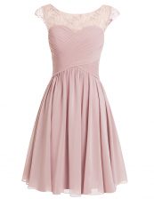  Scoop Cap Sleeves Chiffon Knee Length Zipper Prom Dresses in Pink with Beading