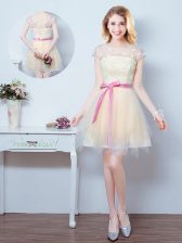 Beautiful Scoop Champagne Short Sleeves Mini Length Lace and Appliques and Ruffles and Bowknot Lace Up Court Dresses for Sweet 16