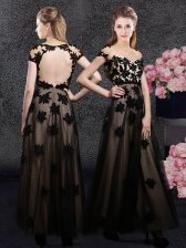 Hot Selling Ankle Length Black Homecoming Dress Sweetheart Short Sleeves Backless