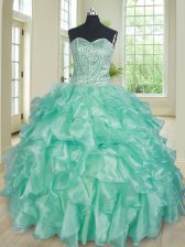  Apple Green Ball Gowns Sweetheart Sleeveless Organza Floor Length Lace Up Beading and Ruffles Vestidos de Quinceanera
