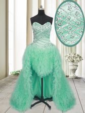 New Style Brush Train A-line Prom Dress Apple Green Sweetheart Tulle Sleeveless With Train Lace Up