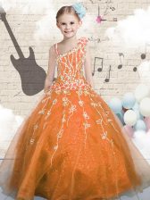 Wonderful Floor Length Orange Girls Pageant Dresses Tulle Sleeveless Appliques