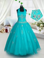  Aqua Blue Halter Top Lace Up Appliques Pageant Gowns For Girls Sleeveless