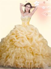  Organza Sweetheart Sleeveless Brush Train Lace Up Beading and Ruffles and Pick Ups Quince Ball Gowns in Gold