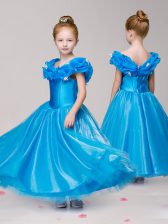 Great Off the Shoulder Ankle Length Blue Toddler Flower Girl Dress Tulle Cap Sleeves Appliques