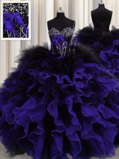 Delicate Beading and Ruffles Ball Gown Prom Dress Black And Purple Lace Up Sleeveless Floor Length