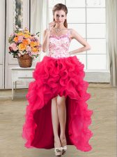 Customized Straps Sleeveless Organza Prom Dress Beading and Lace and Ruffles Lace Up