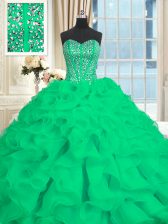  Turquoise Organza Lace Up Sweetheart Sleeveless With Train 15 Quinceanera Dress Brush Train Beading and Ruffles