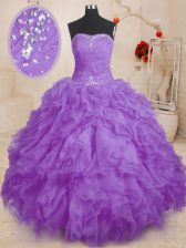 Colorful Floor Length Lavender 15th Birthday Dress Organza Sleeveless Beading and Ruffles and Ruching
