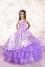 Dazzling Lavender Lace Up Girls Pageant Dresses Embroidery and Ruffled Layers Sleeveless Floor Length