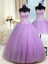  Three Piece Sleeveless Tulle Floor Length Lace Up Quince Ball Gowns in Lavender with Beading