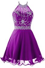  Purple Zipper Halter Top Beading Prom Evening Gown Organza Sleeveless