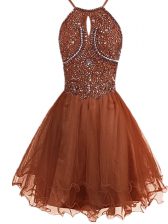  Halter Top Sleeveless Zipper Mini Length Beading Prom Dress