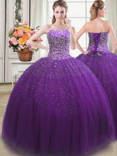  Sleeveless Floor Length Beading Lace Up Sweet 16 Quinceanera Dress with Purple